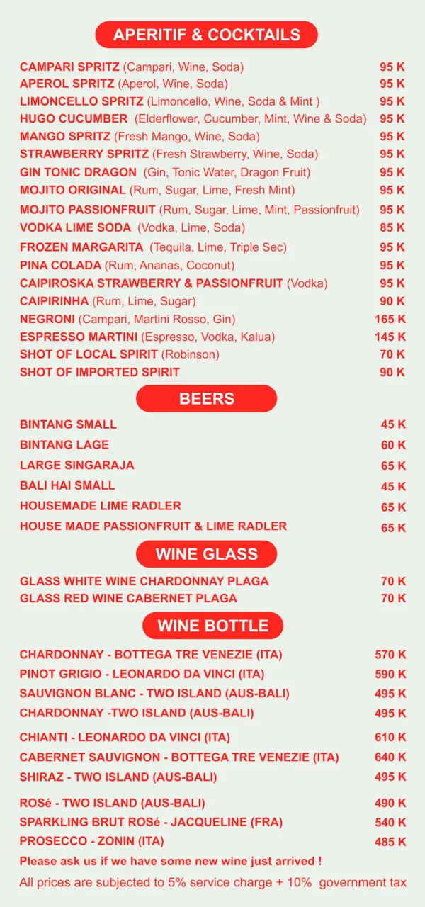 Bella Ciao Alcohol Menu | Gili Air