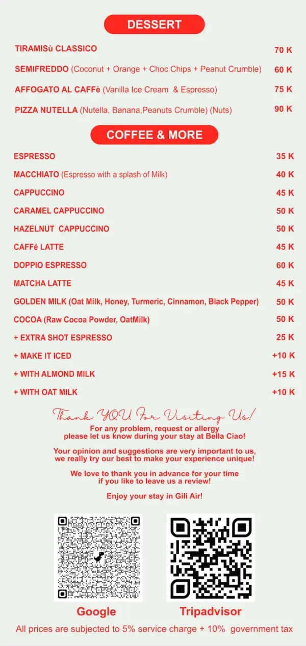 Bella Ciao Coffee Menu | Gili Air
