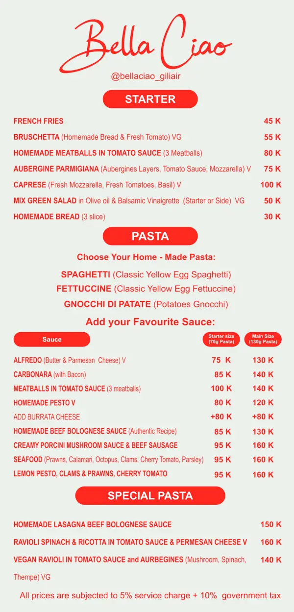 Bella Ciao Pasta Menu | Gili Air